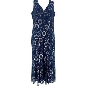 Enfocus Studio Lace Maxi Dress 8P Navy Romantic Coquette Wedding, Elegant Sheath